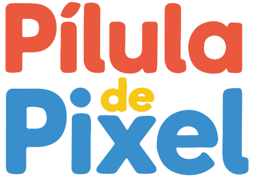 Logotipo do Pílula de Pixel, escrito em cores laranja e azul.