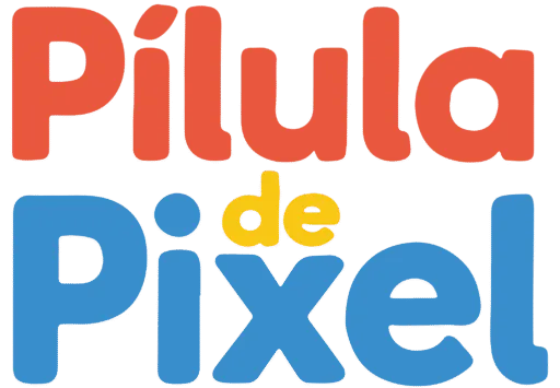 Logotipo do Pílula de Pixel, escrito em cores laranja e azul.