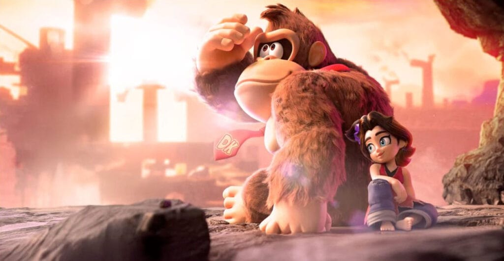 Imagem promocional de Donkey Kong Bananza com Pauline sentada ao lado de Donkey Kong