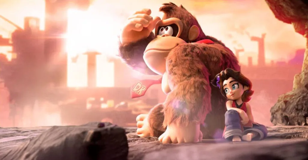 Imagem promocional de Donkey Kong Bananza com Pauline sentada ao lado de Donkey Kong