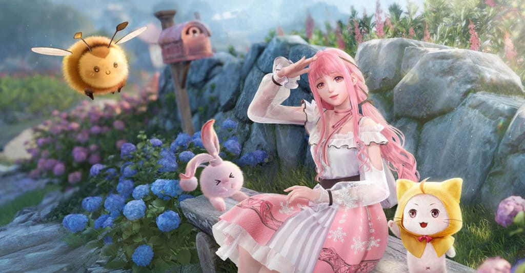 Render promocional de Infinity Nikki, um Cozy Game, coom personagem de cabelo e trajes rosas no centro