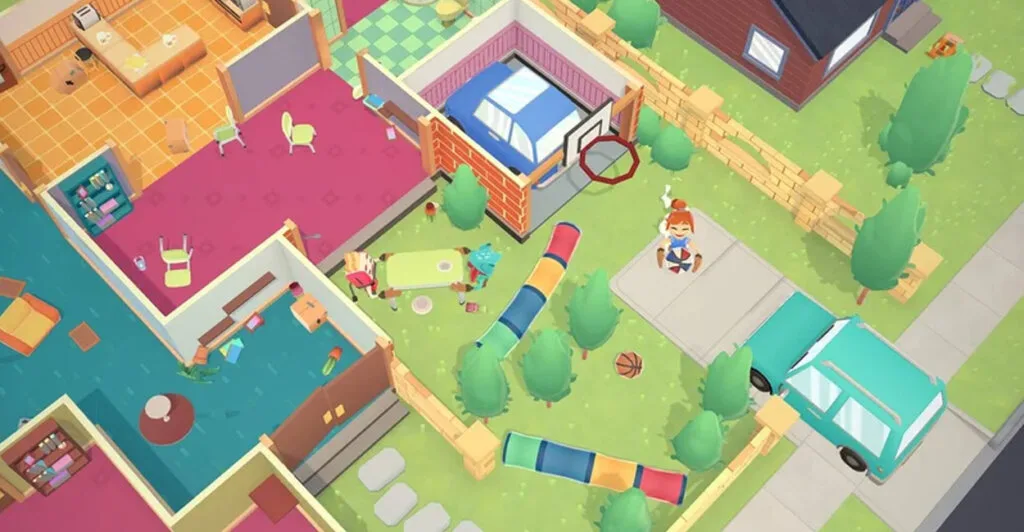 Gameplay de uma casa bagunçada em Moving Out! que É um dos melhores jogos cooperativos do nintendo switch