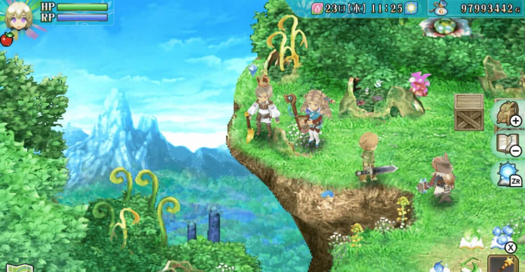 Gameplay de Rune Factory 4 com personagens em cenário verde num penhasco