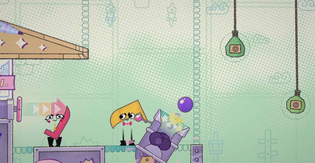 Gameplay de Snipperclips com os personagens jogáveis recortados de forma engraçada em um dos melhores jogos de casal para Nintendo Switch