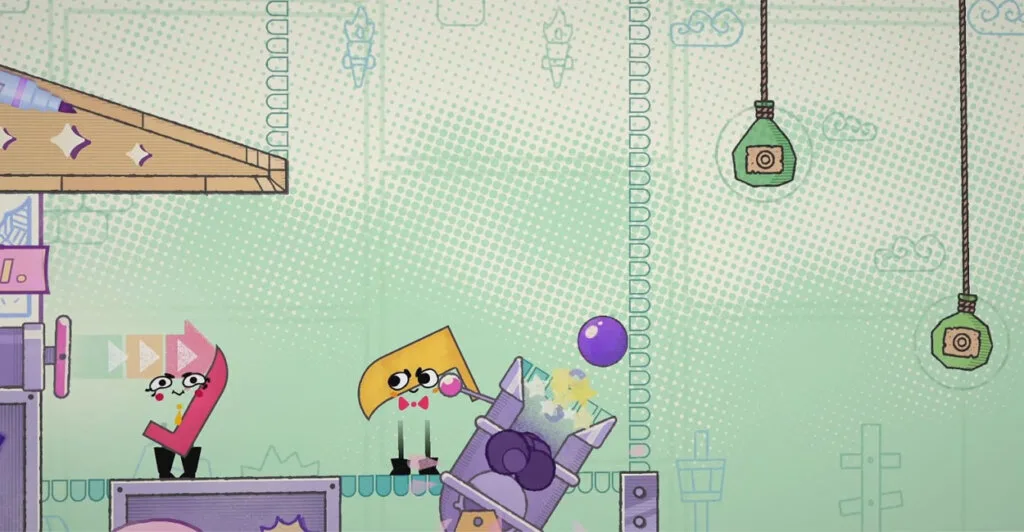 Gameplay de Snipperclips com os personagens jogáveis recortados de forma engraçada em um dos melhores jogos de casal para Nintendo Switch