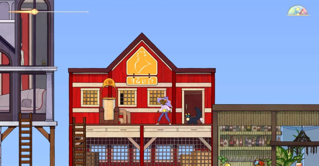 Gameplay de Spiritfarer com uma casa vermelha ao fundo