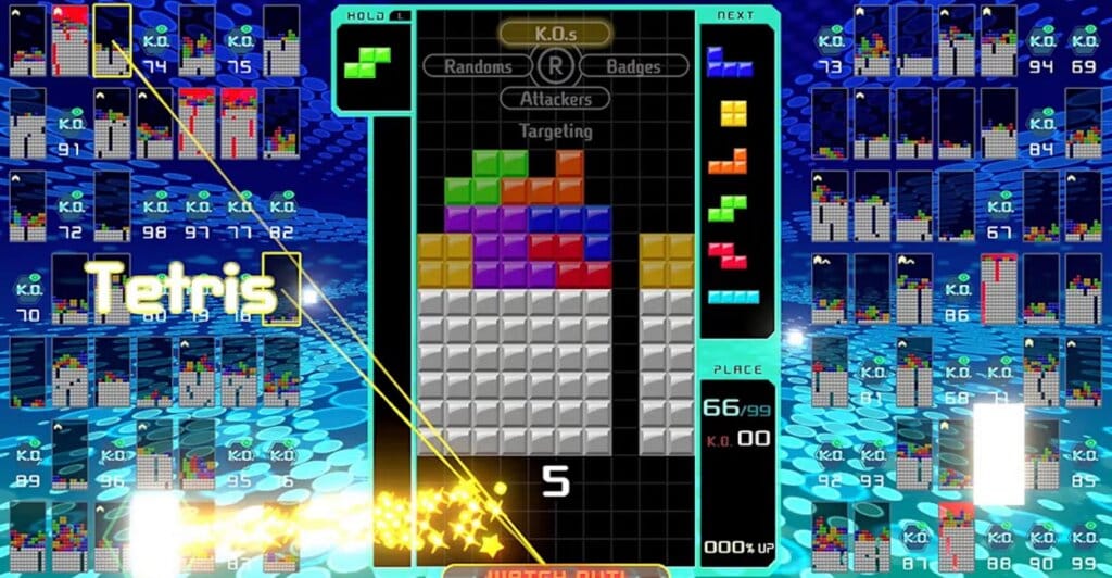 Gameplay de Tetris 99 no Nintendo Switch, mostrando as telas de vários jogadores