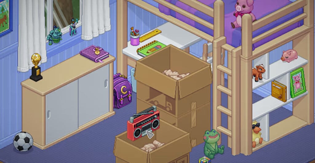 Gameplay de Unpacking em um quarto cheio de caixas para esvaziar