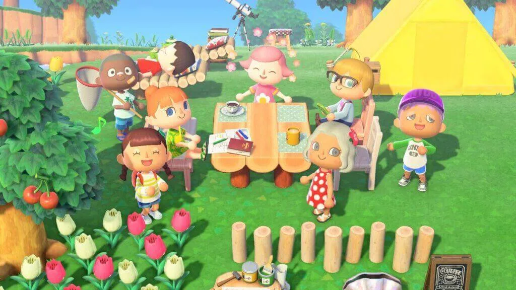 Jogadores se divertindo em um piquenique multiplayer na ilha.