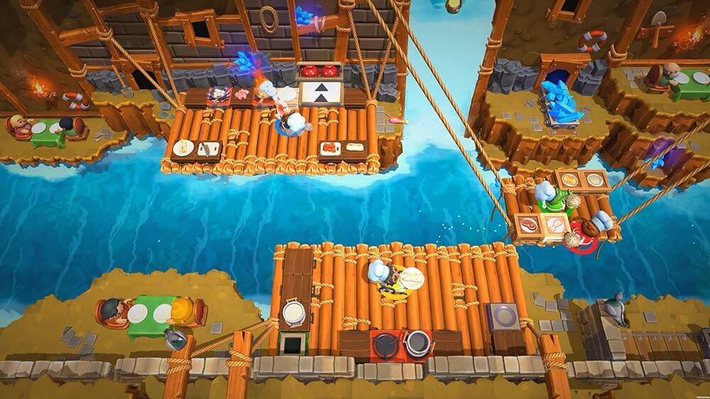 Visão aérea de um nível aquático de Overcooked! All You Can Eat, um jogo multiplayer online para pc e consoles