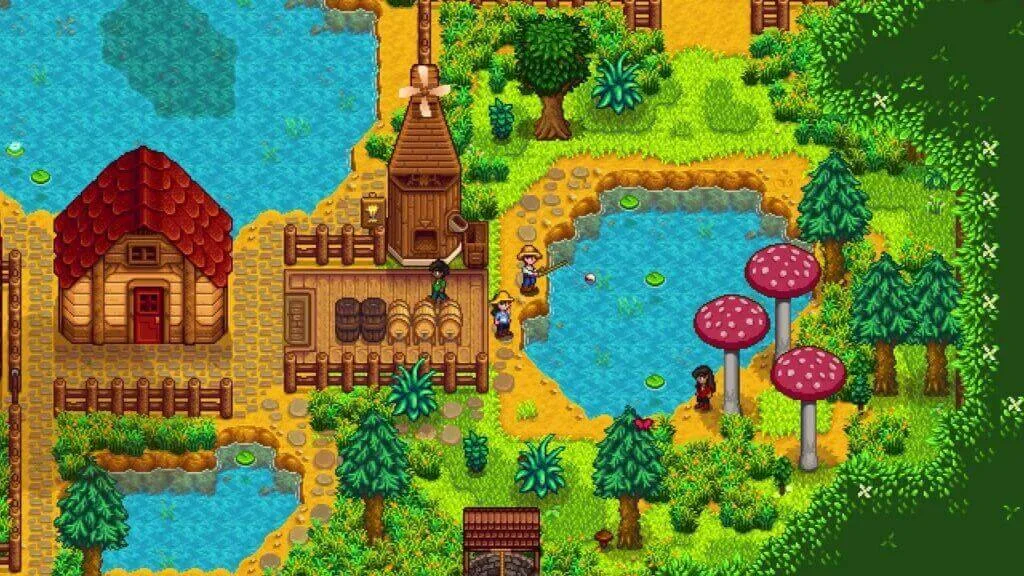 Personagem pescando em Stardew Valley, curtindo um momento de tranquilidade em um cozy game indie cooperativo