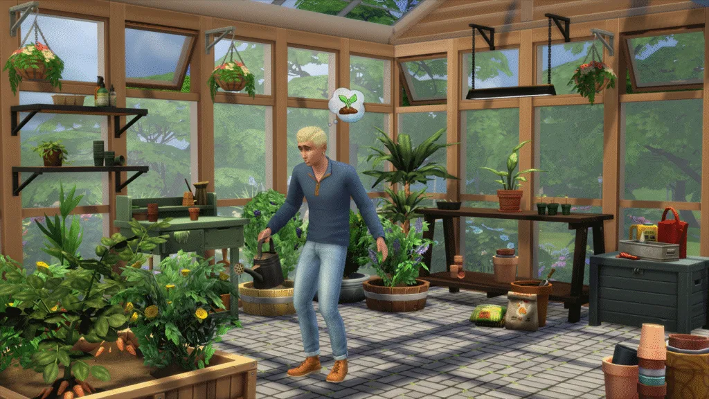 Personagem cuidando de plantas em uma estufa.