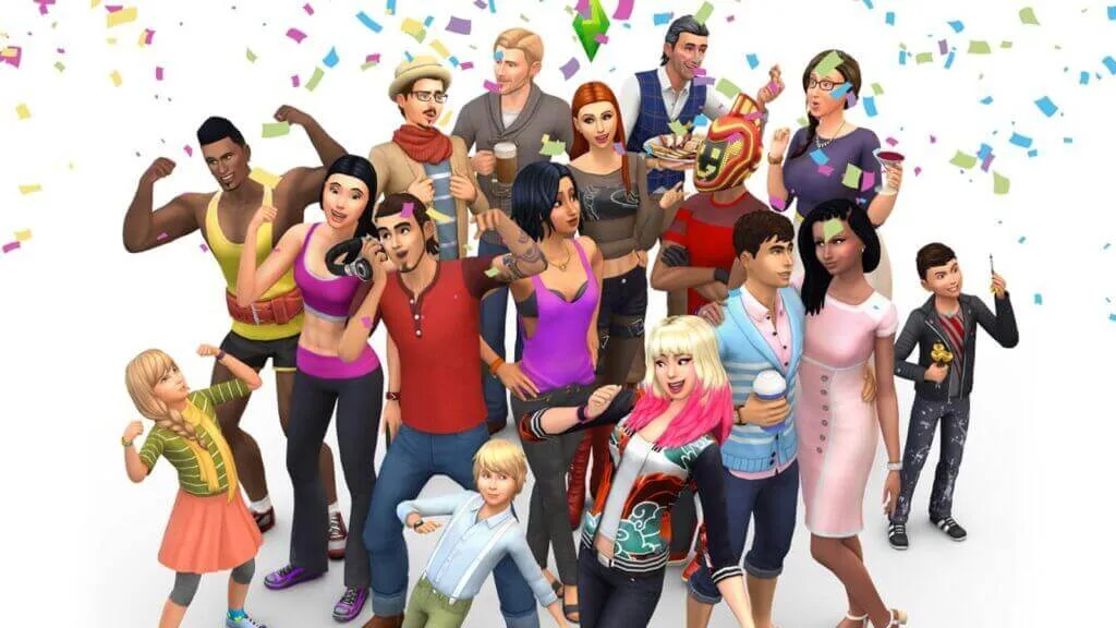 Personagens comemorando em arte promocional de The Sims 4.