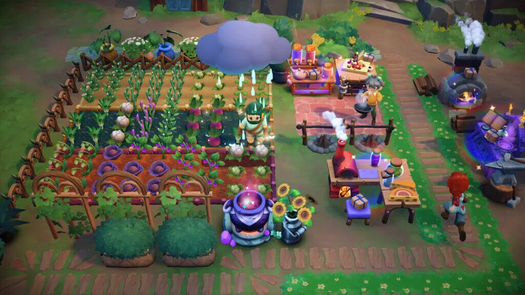 Personagem cultiva flores e vegetais em sua fazenda mágica no jogo Fae Farm, um dos jogos coop mais encantadores de 2025.