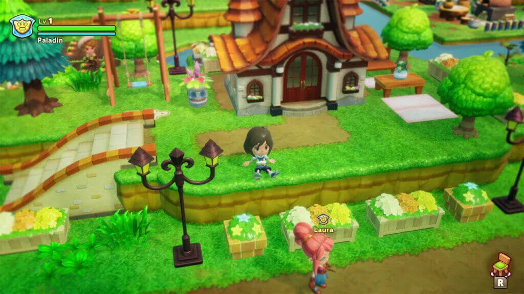 Personagem sentado em frente à sua casa em Fantasy Life i, um jogo coop de simulação com elementos de RPG e construção.