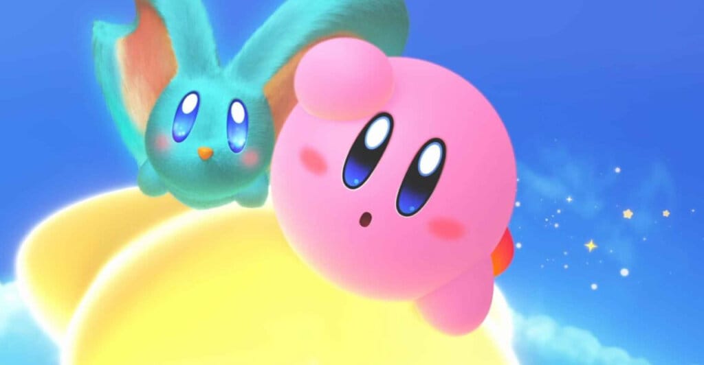 Gameplay de Kirby and the Forgotten Land no Switch 2 com Kirby e seu amigo em zoom