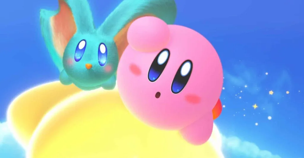 Gameplay de Kirby and the Forgotten Land no Switch 2 com Kirby e seu amigo em zoom