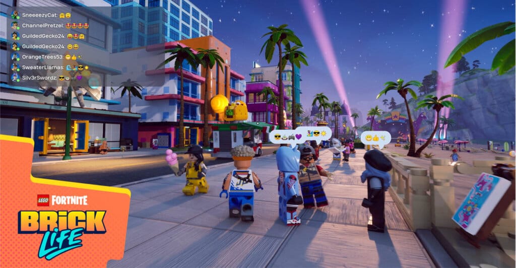 Gameplay de Lego Fortnite Brick Life com personagens interagindo numa rua cheia.