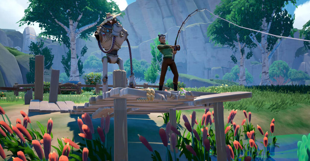 Personagem de Palia pescando como uma das mecanicas cozy de jogo gratuito