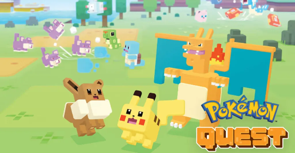  Pokémon Quest no Nintendo Switch, com Pikachu em formato cúbico em imagem promocional é um dos jogos cozy e gratuitos para Nintendo Switch
