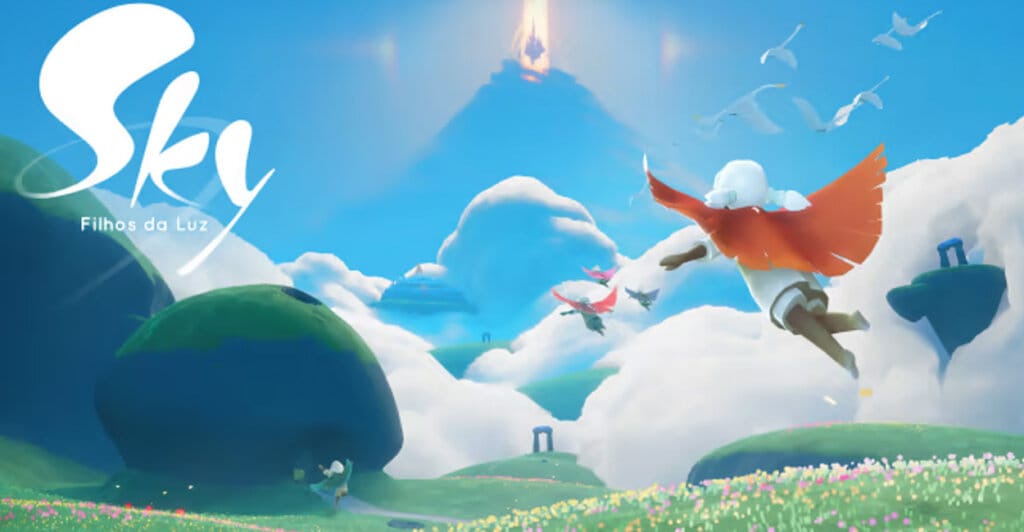 Personagem voando em Sky: Children of the Light em imagem promocional que é um dos jogos cozy e gratuitos para Nintendo Switch