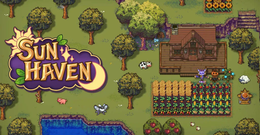 Sun Haven na tela de Titulo, é um dos Cozy Games como Stardew Valley