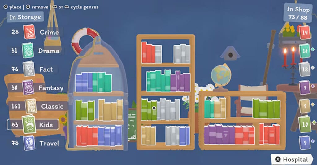 Gameplay de Tiny Bookshop com três estantes de livros para organizar, sendo um dos cozy games pra relaxar