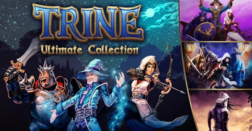 Trine Ultimate Collection em imagem titulo, que apesar de serem três protagonistas em um dos melhores jogos cooperativos multiplayer.