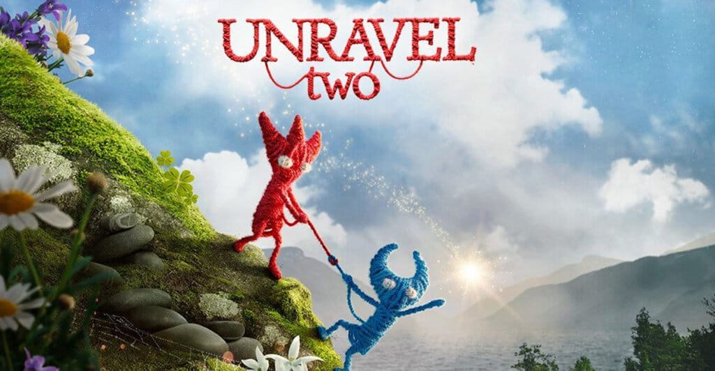 Titulo de Unravel Two com dois protagonistas vermelho e azul feitos de lã