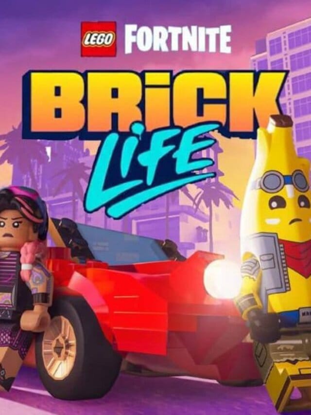 Titulo de Lego Fortnite Brick Game com dois personagens ao centro escorados em um carro