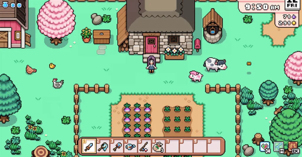 Gameplay de Fields of Mistria, um dos jogos de fazendinha mais aguardados pela versão completa.