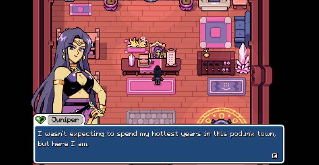 Interação entre os personagem de Fields of Mistria, um jogo de fazendinha