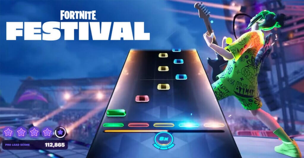 Gameplay de Fortnite Festival, um modo musical dentro de Fortnite que é um dos jogos gratuitos para Nintendo Switch, pc e outros consoles