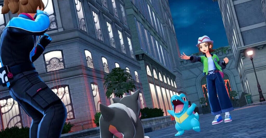 Gameplay de Pokemon Legends ZA com dois treinadores usando Totodile e Houndour