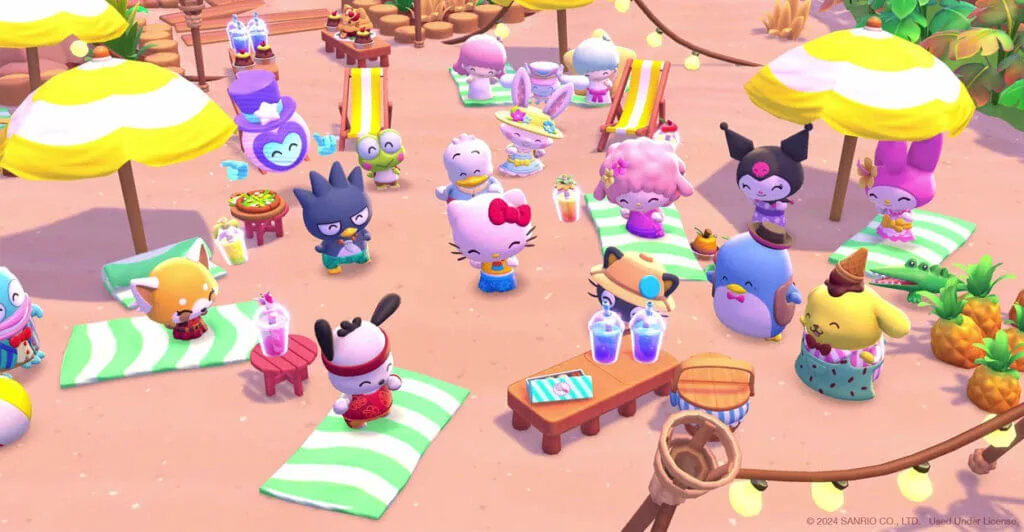 Gameplay de Hello Kitty Island Adventure mostrando interação de personagens de um cozy game divertido