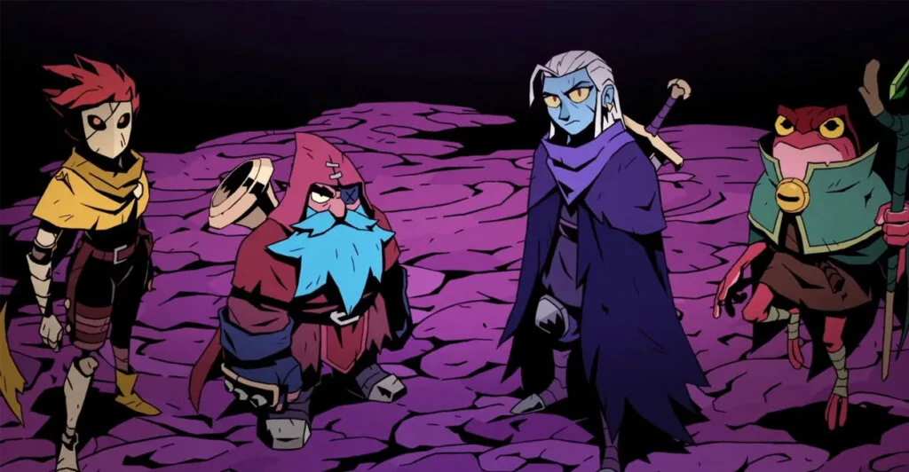 Imagem dos quatro personagens de Absolum, com possibilidade de jogar em modo multiplayer local e online