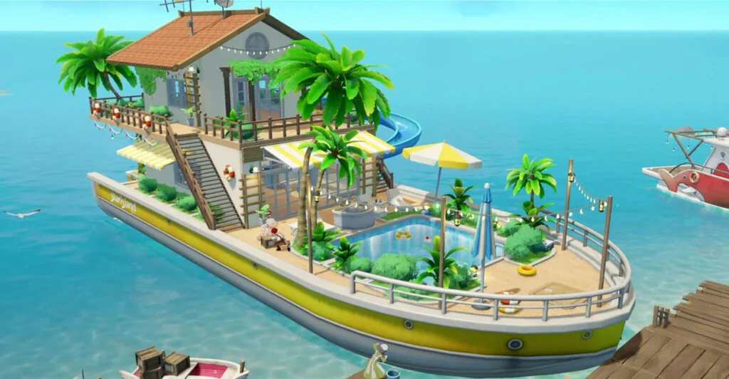Cenário paradisíaco de Starsand Island, um jogo de fazendinha