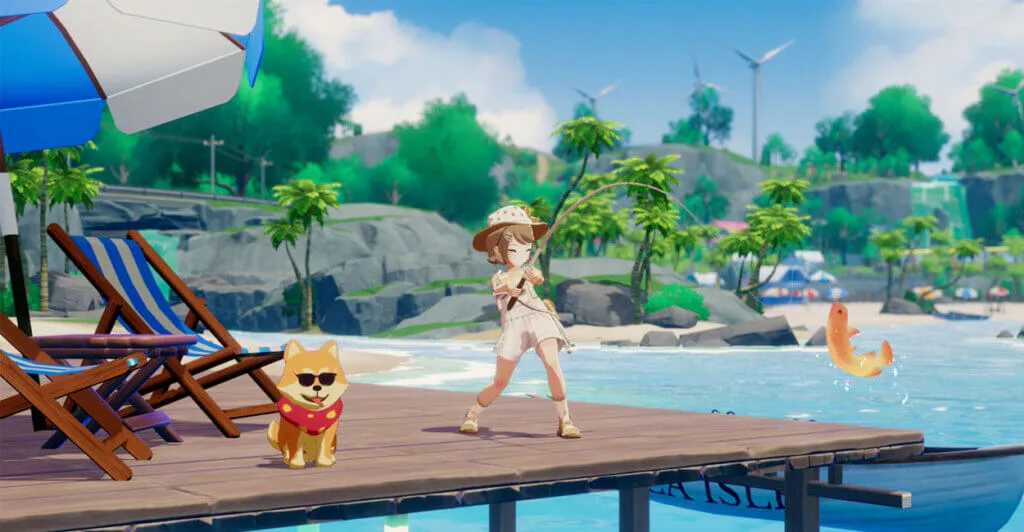 Gameplay de pescaria de Starsand Island, um cozy game de anime e fazendinha