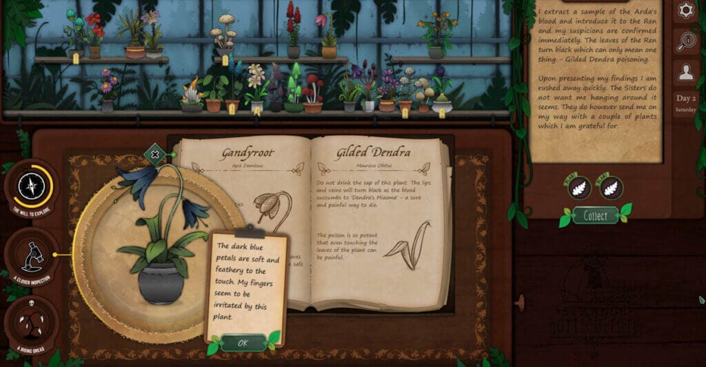 Gameplay de Strange Horticulture, um cozy game cheio de mistérios e temático