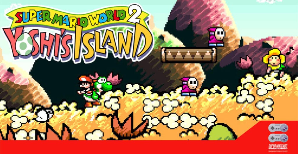 Titulo de Super Mario World 2: Yoshi's Island, um cozy game que nao necessariamente é facil, mas muito fofo.