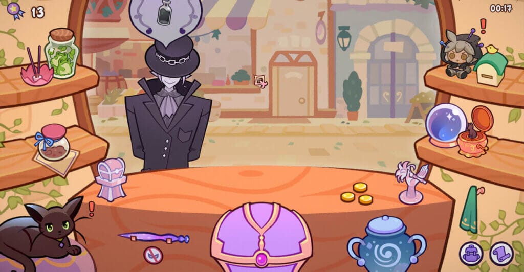 Gameplay de gerenciamento de Witch Business, um jogo para relaxar cuidando da sua lojinha magica