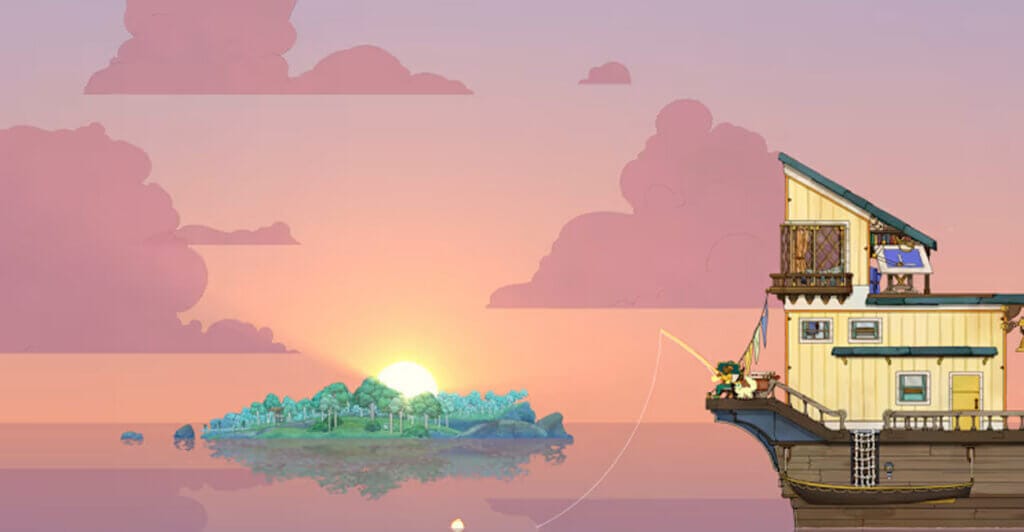 Personagem pescando em Spirtfarer, um jogo co-op relaxante