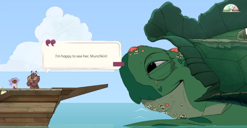 Dialogo entre personagens de Spiritfarer, um dos cozy games referencias do gênero.