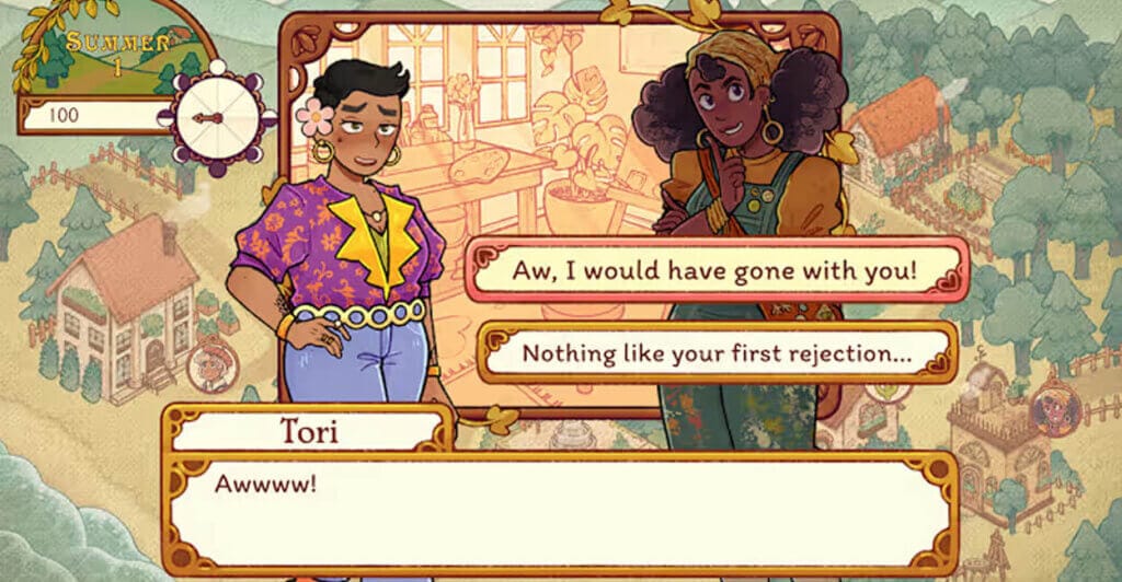 Dialogo entre personagens de Witchy Life Story, um dos cozy games baratos da lista.