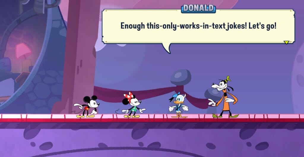 Disney Illusion Island com personagens principais da Disney conversando em jogo Metroidvania.