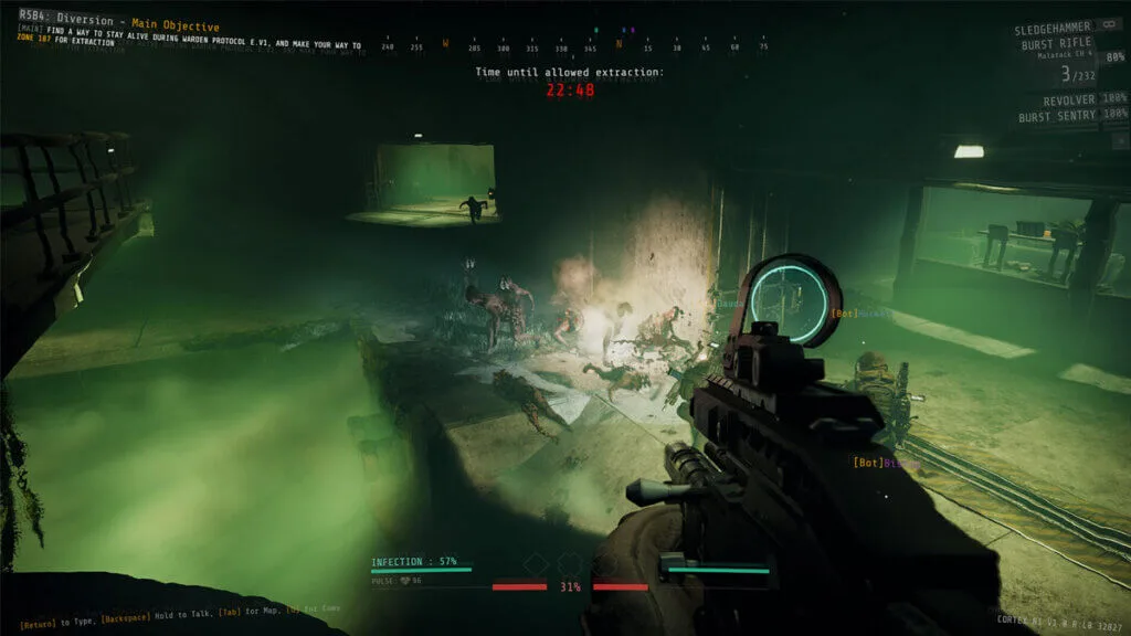 Jogador enfrentando horda de inimigos em GTFO, jogo multiplayer em primeira pessoa.