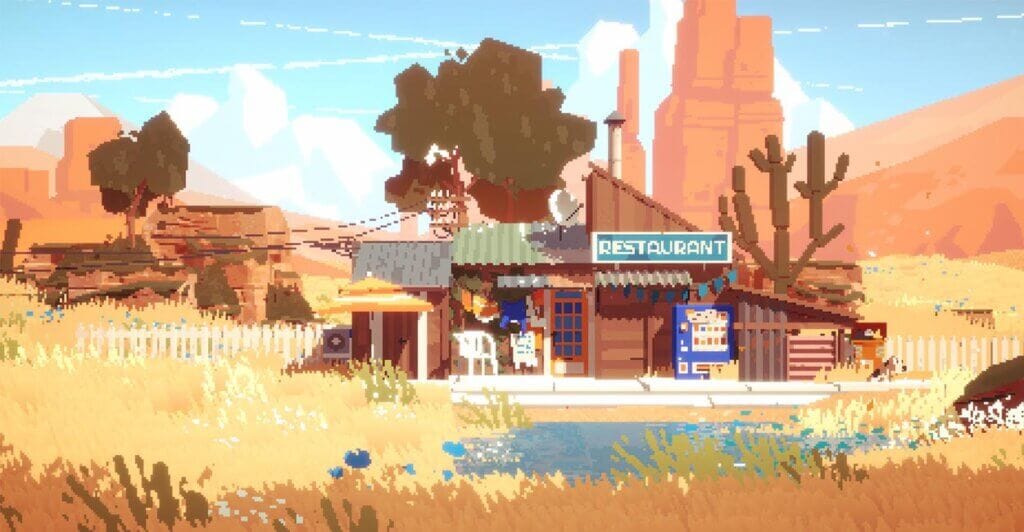 Casa em um deserto de Summerhouse, um jogo pixel art bastante cozy.
