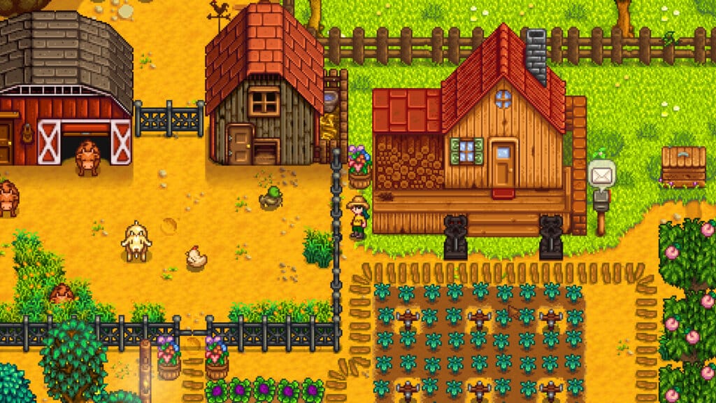 Fazenda toda personalizada pelo jogador em Stardew Valley, um dos Classicos Cozy Games