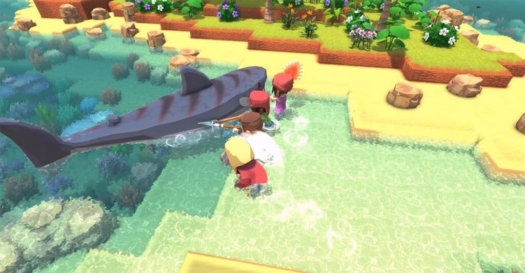 Amigos derrotando um tubarão em modo cooperativo de Dinkum