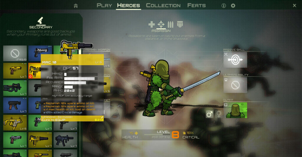 Inventário e personalização de personagem em Strike Force Heroes, um jogo coop